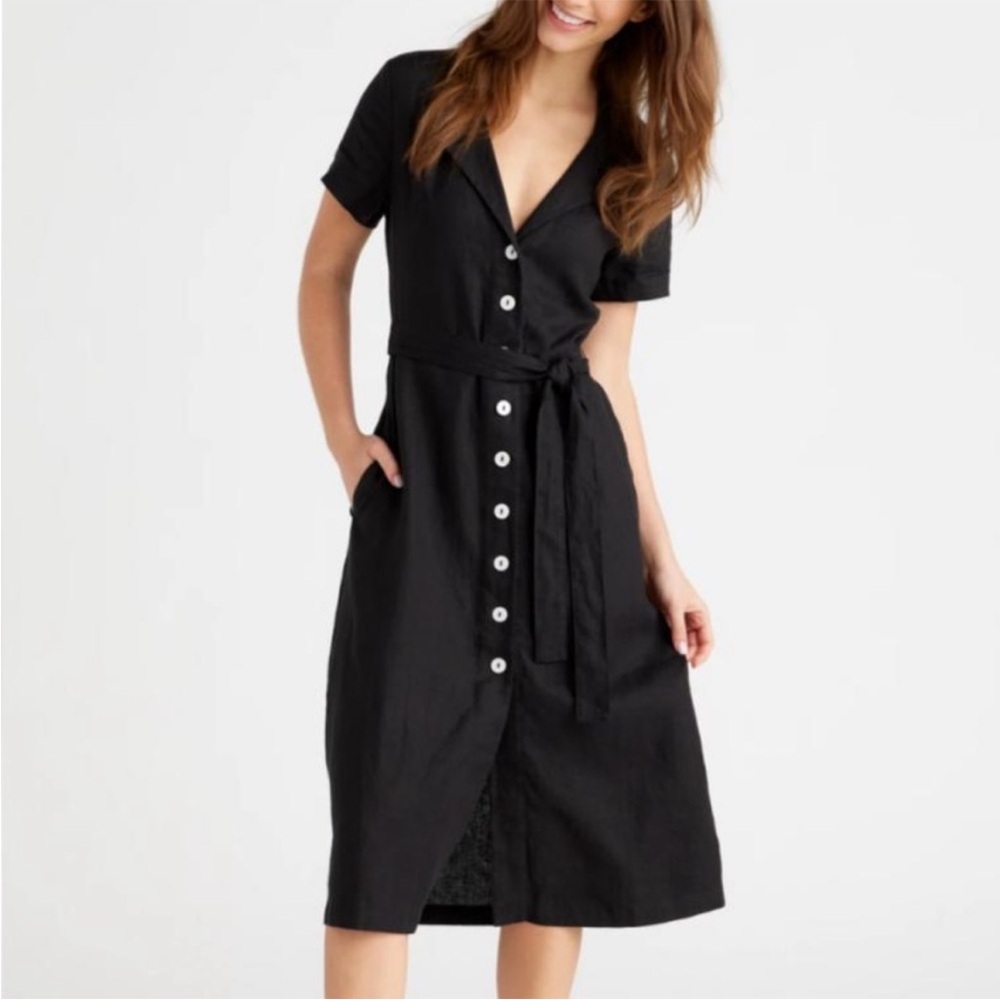 QUINCE 100% EURO LINEN BLACK SHIRT DRESS SIZE LARGE button front collar